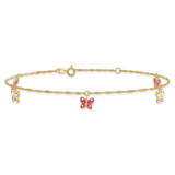 14k Pink and White Enameled Butterfly Dangles 9 inch Plus 1 inch Extender - Total 10 inch Anklet