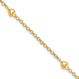 14k Polished Puffed Heart 3-Station 10 inch Anklet
