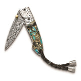 Luxury Giftware Damascus Steel 256 Layer Folding Blade Turquoise/Abalone/Obsidian/Bronze Handle Knife with Leather Sheath and Wooden Gift Box