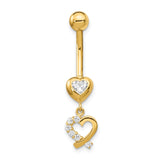 14k 14 Gauge CZ 2-Hearts Dangle Belly Ring