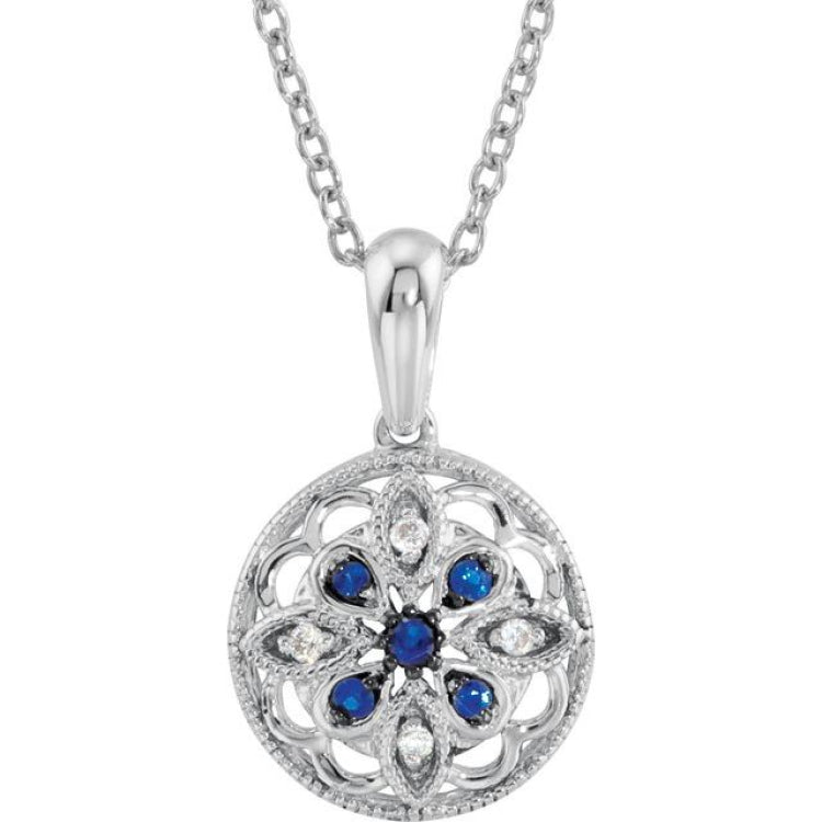 Sterling Silver Blue Sapphire & Diamond Granulated Filigree Necklace Sterling Silver Blue Sapphire & Diamond Granulated Filigree Necklace