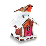 Luxury Giftware Pewter Bejeweled Crystals Silver-tone Enameled BERTIE Robin on Bird House Trinket Box with Matching 18 Inch Necklace